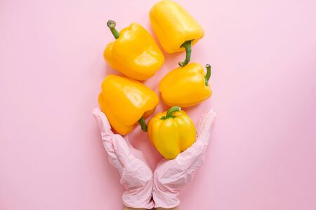 Hands in pink glove holding yellow peppers on pink background flat lay. Order groceries and get them delivered safe during quarantine. Stay home Stay safe. Prevention of virus epidemic. Clean foodの写真素材