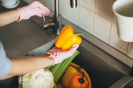 Hands in gloves holding pepper, washing vegetables during virus epidemic. Woman in pink hands washing fresh vegetables, preparing for cooking meal in modern kitchenの写真素材