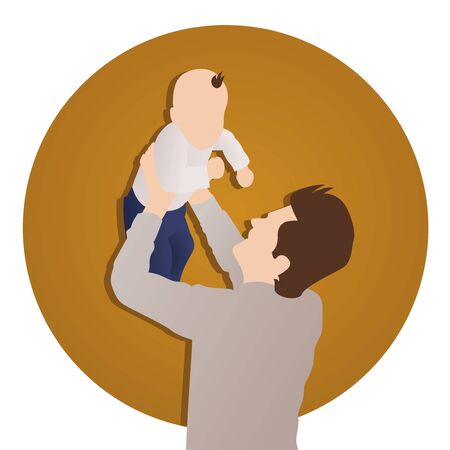 Father playing together with baby son on brown background. Modern vector in flat style. Dad and child spending time together. Happy Father's day greeting card conceptのイラスト素材