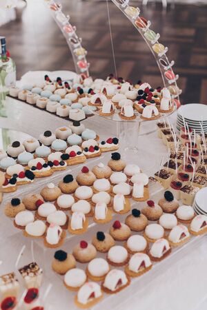 Delicious creamy desserts with fruits, macarons, cakes and cookies on table at wedding reception in restaurant. Luxury catering service. Wedding candy bar.の写真素材
