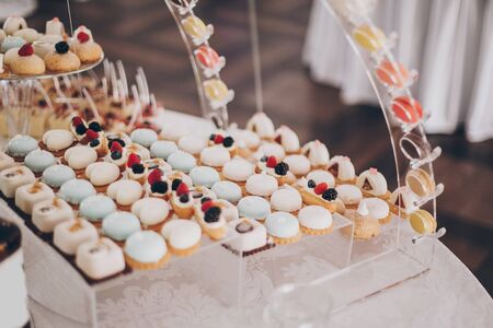 Delicious creamy desserts with fruits, macarons, cakes and cookies on table at wedding reception in restaurant. Luxury catering service. Wedding candy bar.の写真素材