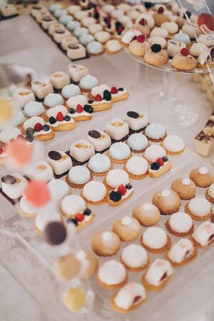 Delicious creamy desserts with fruits, macarons, cakes and cookies on table at wedding reception in restaurant. Luxury catering service. Wedding candy bar.の写真素材