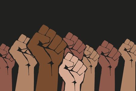 Stop racism. Many multi colored fist protesting on darkのイラスト素材