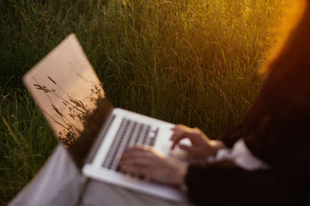 Herbs and wildflowers in sunset light reflecting on laptop screen. Freelance and remote work outdoors. Fashionable girl with hands on keyboard working in sunny summer field. Creative imageの写真素材