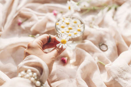 Hand holding daisy flower on background of soft beige fabric with glass cup with flowers and jewelry in sunny light. Tender floral aesthetic. Creative summer image. Bohemian moodの写真素材