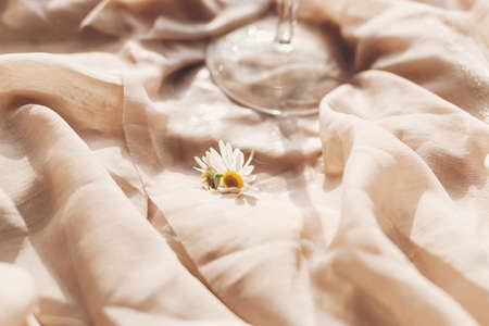 Daisy flowers at wineglass stem on background of soft beige fabric in sunny light. Tender floral aesthetic. Creative summer image. Bohemian moodの写真素材