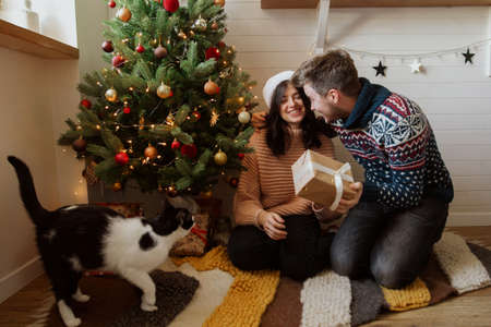 Merry Christmas. Happy excited couple exchanging christmas gifts under christmas tree with lights. Young family holding surprise present, happy moment in festive modern room.の写真素材
