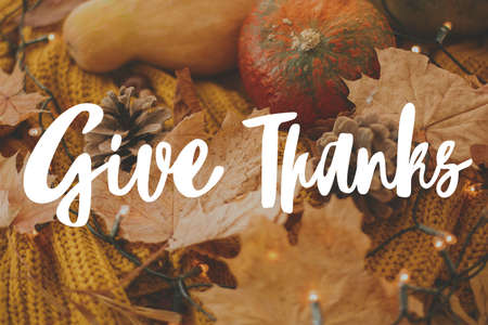 Happy Thanksgiving greeting card. Hand written Give Thanks text on background of pumpkins, autumn leaves, candle, warm lights on yellow knitted sweater. Selective focusの写真素材