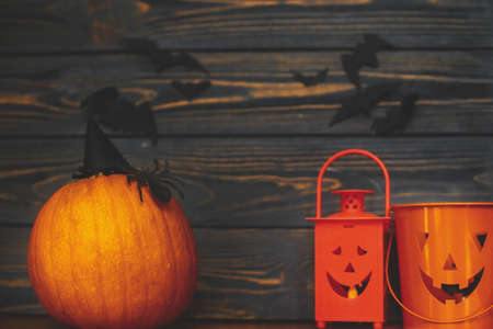 Happy Halloween! Pumpkin with spider and witch hat, Jack o lantern candy bucket and bats on dark background. Handmade holiday decorations, celebrating halloween at home