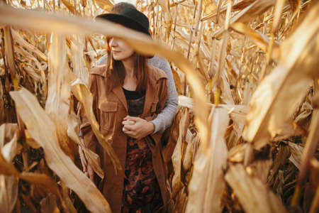 Happy stylish couple embracing in autumn corn field in warm sunset light. Romantic sensual moment....