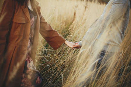 Stylish couple gently holding hands and walking among autumn grass and herbs in sunset. Close up of young man and woman holding hands in autumn field. Romantic authentic momentの写真素材