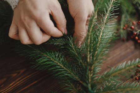 Making rustic christmas wreath, seasonal winter advent. Close up of female hands holding green fir branches and making christmas wreath on background of wooden table. Handmade festive decorの写真素材