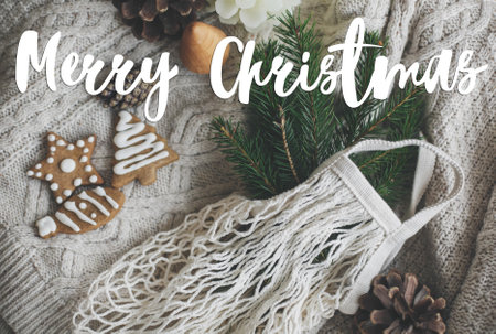 Merry Christmas text handwritten on cotton bag with green spruce branches, gingerbread cookies and pine cones on sweater. Greeting card, modern seasons greetings. Happy holidaysの写真素材