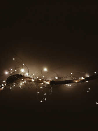 Rustic wooden branch in  Christmas illumination lights dark room. Festive creative simple aesthetic ...