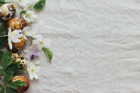 Happy Easter! Easter eggs with spring flowers on rustic linen background, flat lay, space for text. Aesthetic seasons greetings. Stylish modern easter quail eggs in natural dye and spring bloomsの写真素材