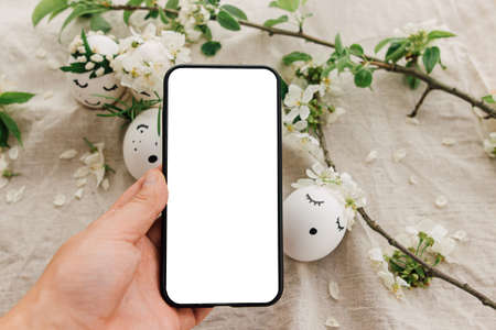Hand holding phone with blank screen on background of easter eggs with drawn cute faces in floral...