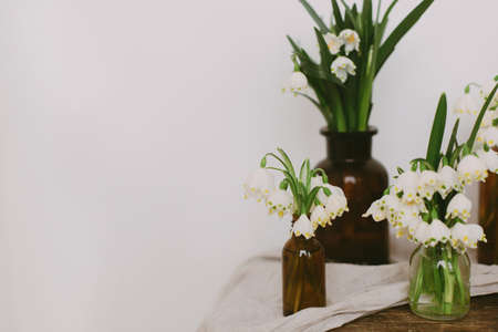 Spring white flowers in retro glass bottles on rustic linen cloth and wood in room. Rural still life. Hello spring. Gardening and botany concept. First flowers spring snowflakeの写真素材