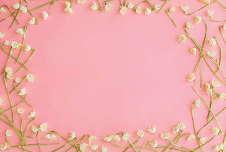 Flowers frame flat lay on pink paper. Stylish floral greeting card with space for text. Hello...