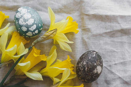 Stylish Easter eggs natural dyed on rustic linen napkin with yellow daffodils, flat lay. Happy Easter greeting card. Space for text. Creative natural eco friendly decor of eggsの写真素材