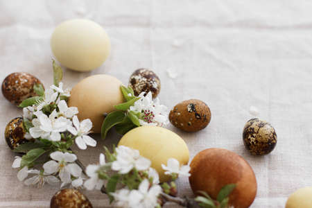 Happy Easter! Modern pastel easter eggs with spring flowers on rustic linen cloth background, space for text. Natural dyed egg in yellow and brown on grey textile with blooming flowers. Aestheticの写真素材