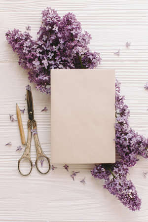 Happy mothers day. Stylish card on beautiful lilac flowers and vintage scissors, pencil on white rustic wood, top view. Happy womens day. Floral greeting card template, space for textの写真素材