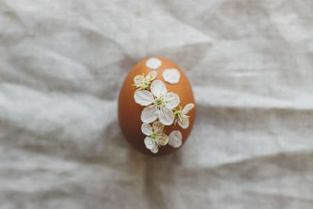 Easter egg decorated with cherry flowers and petals on rustic linen napkin. Flat lay. Creative natural eco friendly decor of eggs. Happy Easter minimalist greeting card with space for textの写真素材