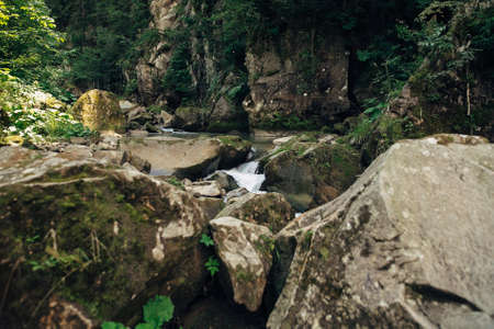 Beautiful view at river with rocks in mountains. Travel and wanderlust. Little waterfall on river and flowing water with stone cascade among woods. Peaceful tranquil momentの写真素材