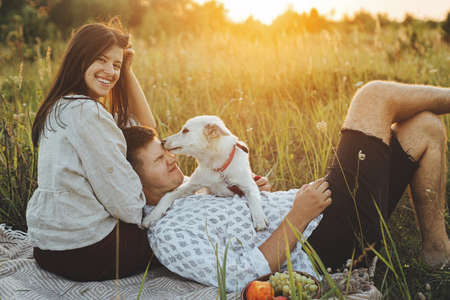 Stylish happy couple relaxing with white dog on plaid in warm sunset light in summer meadow. Summer vacation and picnic. Swiss shepherd puppy kissing owners, Young family having funの写真素材
