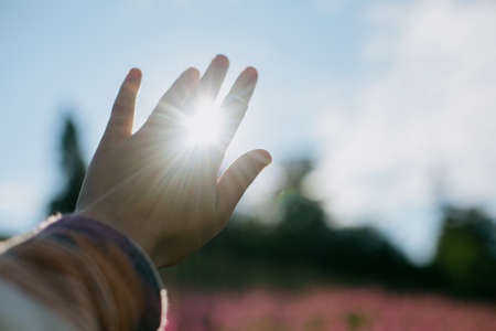Hand reaching to sun. Beautiful sunbeam in female hand on background of sunny mountain hills. Traveling and exploring  Mountains. Tranquil peaceful moment in morningの写真素材