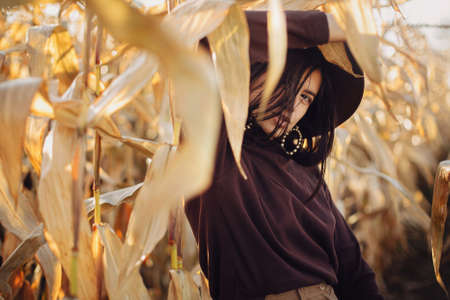 Stylish woman in hat and brown clothes posing in autumn maize field in warm sunny light. Portrait of fashionable attractive young female  standing in autumnal corn in evening countrysideの写真素材