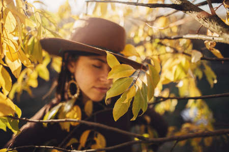 Autumn leaves on branch on background of defocused stylish woman in hat in warm sunny light. Fashionable young female standing at autumn tree branches in evening park or countrysideの写真素材