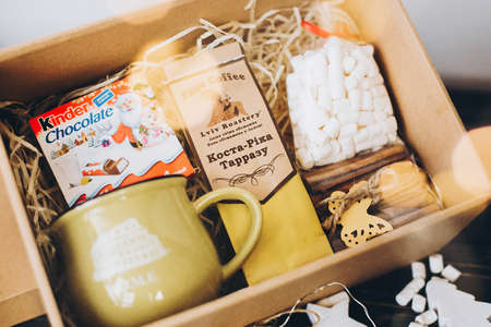 Lviv, Ukraine - December 1, 2017: Roasted Coffee, marshmallow, cup, kinder and cinnamon on straw in...