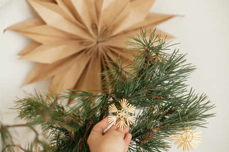 Hand holding stylish christmas star straw ornament on pine branches in vase on background sweden star in festive decorated scandinavian room. Eco plastic free decorations. Happy holidaysの写真素材