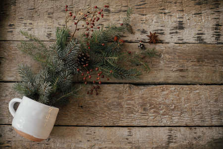 Hello Winter. Stylish cup with spilled spruce branches, red berries, pine cones and anise on rustic...