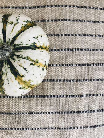 Stylish striped pumpkin on modern rustic pillow with lines. Pumpkin flat lay. Hello autumn, home decoration for fall holidays. Minimalistic imageの写真素材