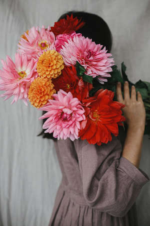 Beautiful woman holding colorful dahlias flowers in rustic room.  Florist in linen dress hiding behind beautiful autumn bouquet. Atmospheric aesthetic image. Autumn season in countrysideの写真素材