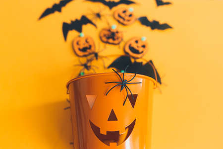 Happy Halloween. Jack o lantern bucket with spiders, bats and pumpkins on orange background top view. Trick or treat. Halloween decorations on yellow paperの写真素材