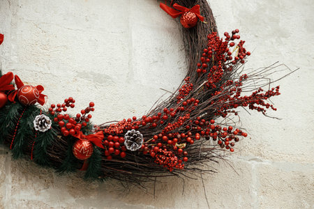 Stylish modern christmas wreath with branches and red baubles on old building wall, close up....