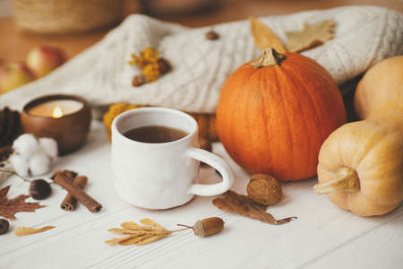 Hello autumn, cozy slow living. Warm cup of tea on background of autumn leaves, pumpkin, cozy sweaters, burning candle on white wood in stylish room. Happy Thanksgivingの写真素材