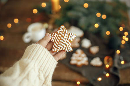 Hand in cozy sweater holding gingerbread cookie star on rustic moody background with warm lights....