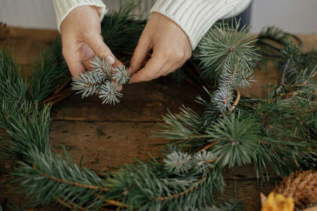 Woman hands holding fir branch and arranging christmas wreath on rustic wooden background. Winter holiday preparations. Festive workshop. Making rustic christmas wreath close upの写真素材