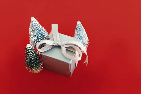 Christmas trees and gift box  on red background. Modern minimalist greeting card with space for...