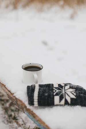 Warm cup of tea and cozy knitted gloves in snow on wooden bench in winter park. Hiking and traveling in cold season. Wanderlust. Space for text. Winter timeの写真素材