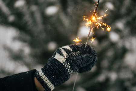 Happy New Year!  Woman hand in cozy mitten with burning firework on background of pine tree branches in snow in evening. Hand holding glowing sparkler. Atmospheric magic momentの写真素材