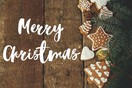 Merry Christmas greeting card. Merry Christmas text on christmas gingerbread cookies, fir branches...