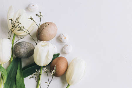 Stylish Easter eggs and tulips border on rustic white wooden background with space for text. Happy Easter! Natural dyed eggs and spring flowers composition. Greeting cardの写真素材