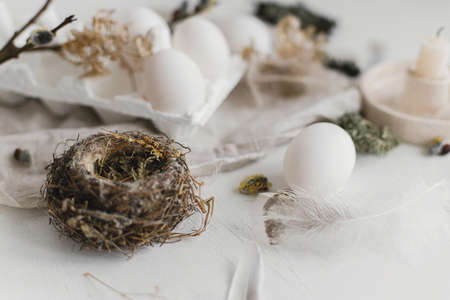 Easter simple aesthetics. Easter natural eggs, feathers, willow branches, nest on rustic white table. Stylish rural Easter still life in pastel white and beige colors.の写真素材