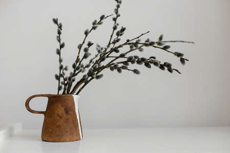 Willow branches in stylish rustic vase on wooden table. Simple Easter rural minimal aesthetics. Modern Easter still life. Pussy willow branches in home, natural spring decor. Space for textの写真素材