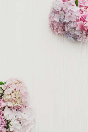 Floral greeting card template. Beautiful hydrangea on rustic white wood flat lay. Pink and blue hydrangea flowers border, space for text.  Happy Mothers day and Womens day. Hello springの写真素材