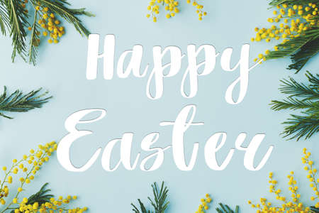 Happy Easter text on mimosa flowers flat lay on blue background. Stylish seasons greeting card. Handwritten lettering happy Easterの写真素材